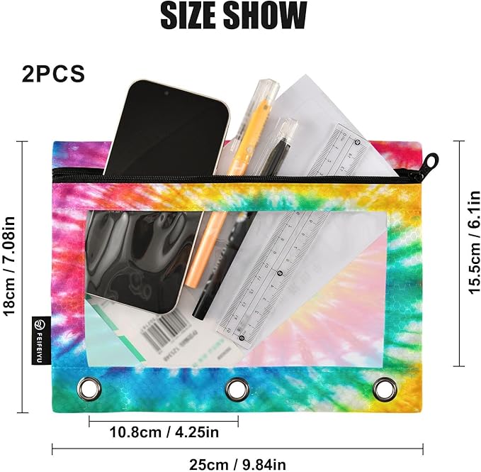 Tie Dye Pencil Pouch for 3 Ring Binder, 2 Pack Waterproof Pencil Bags Clear Window Zipper School Office Supplies