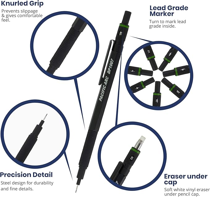 Pacific Arc Chromagraph Metal Mechanical Pencil .7 mm Black Barrel Mechanical Pencil with Built In Lead Pencil Grade Indicator, Lead Pencil Holder for Drafting, Sketching, and Drawing