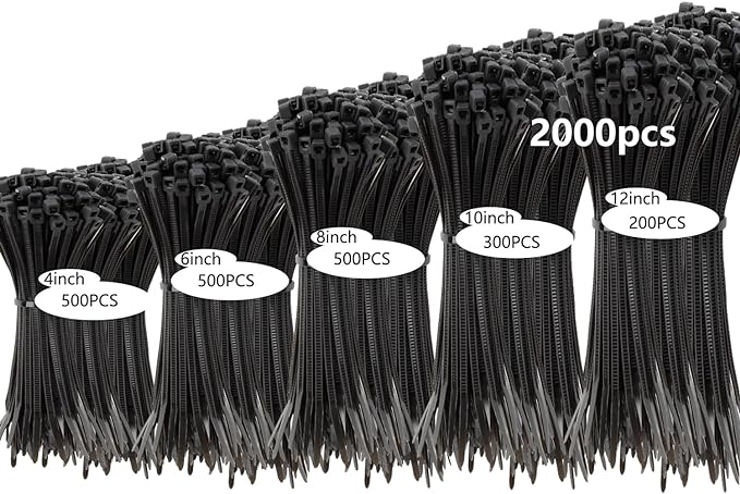 2000 PCS Zip Ties Assorted Sizes 4+6+8+10+12 Inch Self-locking Nylon Cable ties Outdoor, UV Resistant Wire Straps for Home Office Garden Workshop Indoor Outdoor Fence(Black)