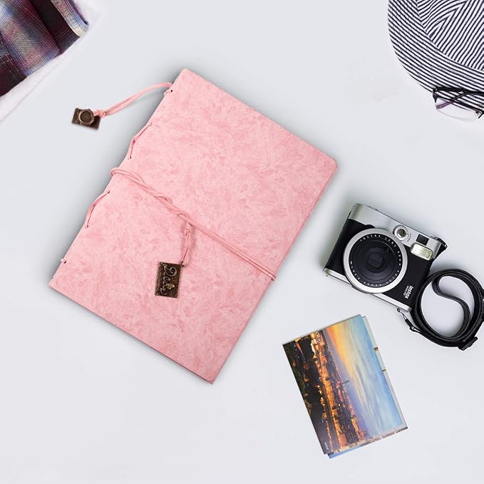 ThxMadam Pink Scrapbook Album Wedding Guest Book Vintage Leather Photo Album Love Memory Book with 60 Black Pages Present for Valentines Anniversary Mother’s Day Birthday Gift for Wife Mum Girlfriend