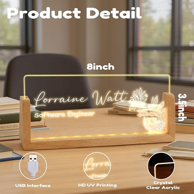 Custom Desk Name Plate,Light Up Acrylic Office Sign, Personalized Gift for Boss Coworker Teacher, Employee Appreciation Award, Home Office Decor