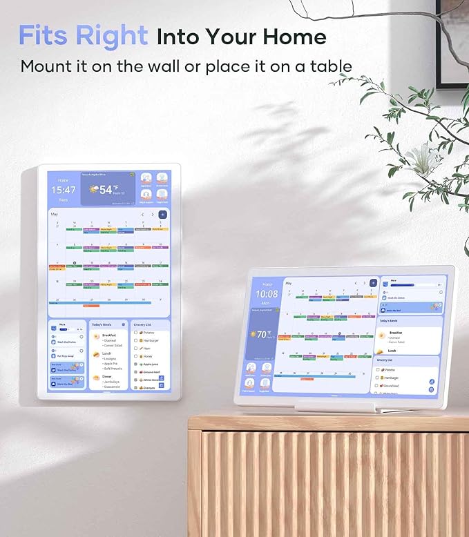 Digital Calendar 15.6'' Wall Touch Screen Chore Chart Customize Dashboard Smart Electronic Calendar Digital for Family Meal Planner Support All Google Play Apps with Stand Wall Mount White