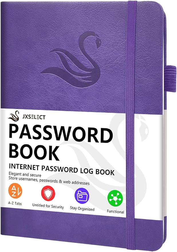 Elegant Password Book with Alphabetical Tabs - Hardcover Password Book for Internet Website Address Login - 5.2" x 7.6" Password Keeper and Organizer w/Notes Section & Back Pocket (Violet Purple)