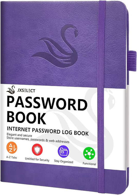 Elegant Password Book with Alphabetical Tabs - Hardcover Password Book for Internet Website Address Login - 5.2" x 7.6" Password Keeper and Organizer w/Notes Section & Back Pocket (Violet Purple)