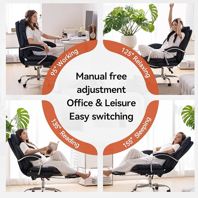 LEAGOO Reclining Office Chair with Foot Rest, Executive Office Chairs with Arms, Ergonomic High Back PU Leather Comfy Swivel Computer Desk Chairs with Wheels and Lumbar Support for Home Office, Black