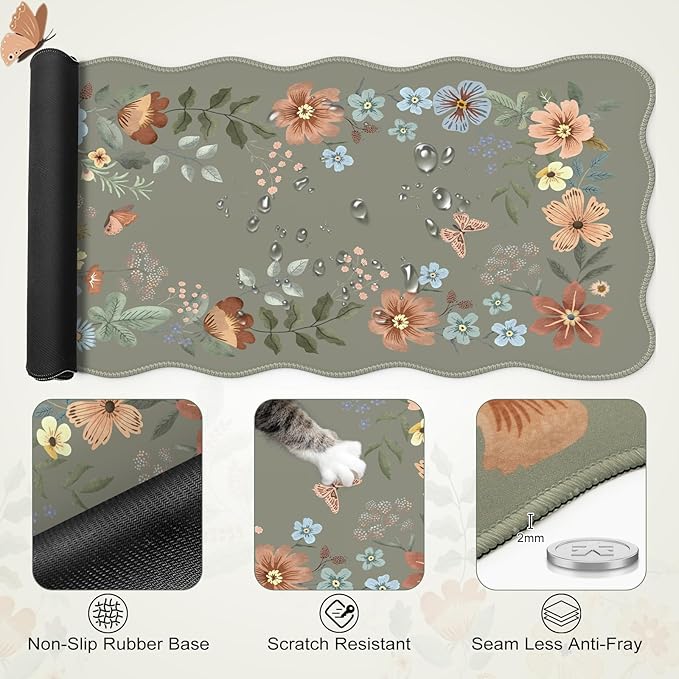 Desk Pad Mat Green, Wrist Rest Support for Mouse Pad&Keyboard Set, Scalloped Vanity mat Protector for Makeup, Cute Floral Nail Mat, Aesthetic Desk Protector for Women's Office Home, Dorm