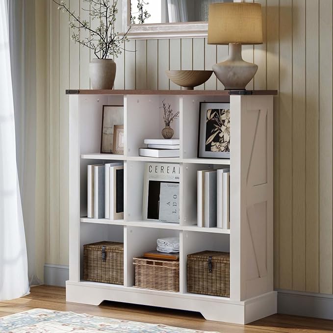 9 Cube Storage Organizer, 3 Tier Bookshelf for Living Room, Farmhouse Bookcase with Led, Kids Toy Storage Cabinet, Wall Cubby Shelves for Home Decor, Wood Display Cabinet for Bedroom, White