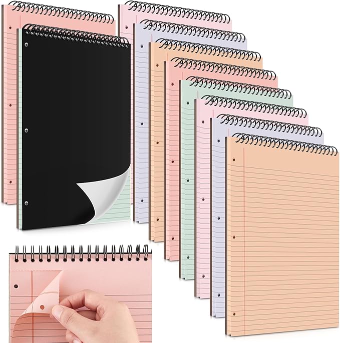 10 Packs 8.5" x 11" Top Spiral Notebook with 3 Hole Punched Legal Pads College Ruled Notepad 50 Sheets Hard Cardboard Paper Wirebound Notepad for Office School Business (Light Colors)