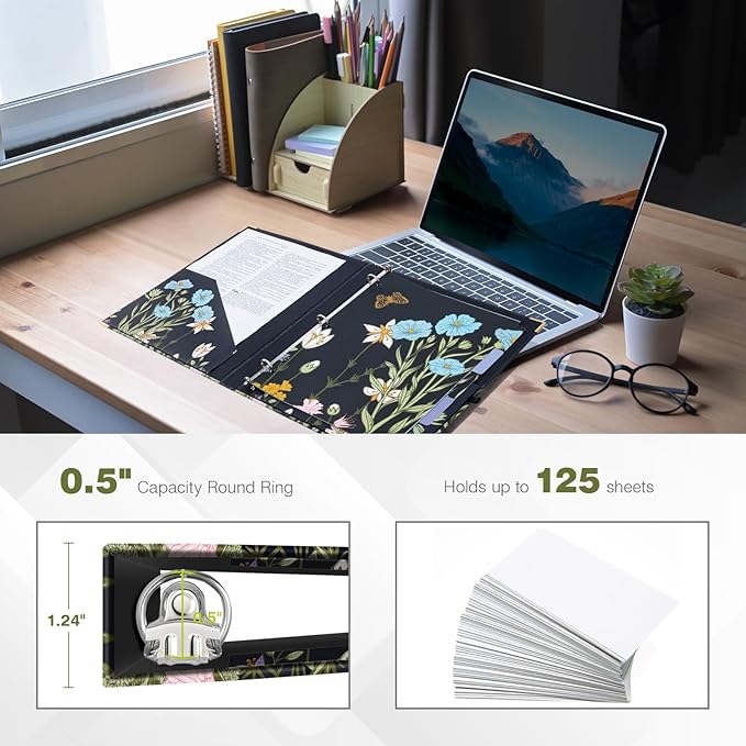Ospelelf 3 Ring Binder 1/2 Inch, Floral Round Ring Clipboard Thin Binder with 5 Tab Dividers for Letter Size Documents, for School and Office Supplies, Moonlit Blossoms