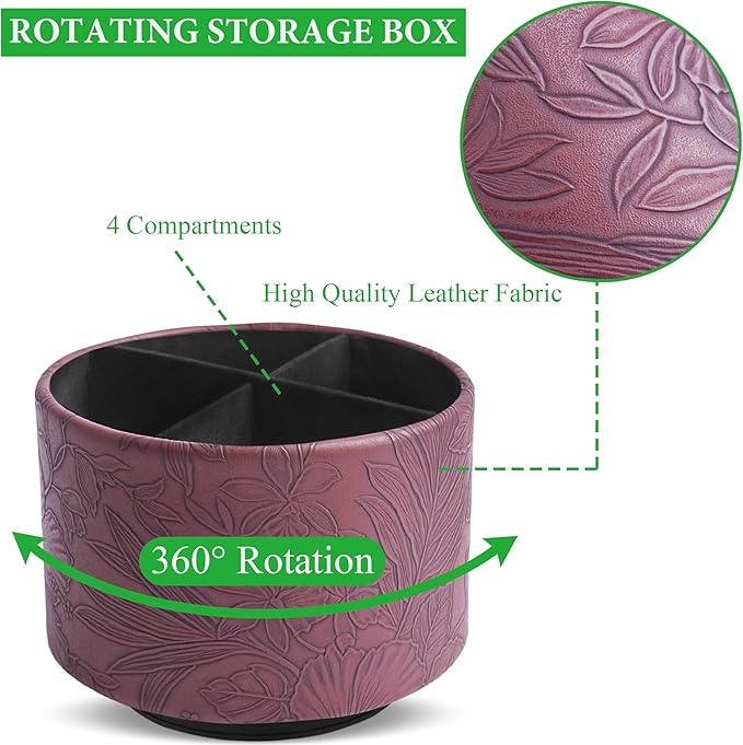 Hennaja Round Leather Art Supply Organizer,Remote Control Holder,360 Degree Spinning,Multi-Functional Pencil Holder,4 Compartments Desktop Stationary Organizer(1-Carved Dark Brown)