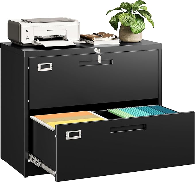 SISESOL 2 Drawer Lateral File Cabinet with Lock,Black Lateral Filing Cabinet,Horizontal Metal Filing Cabinets,Locked Wide Two Drawer File Cabinets for Office Home,Fit A4/F4/Letter/Legal File