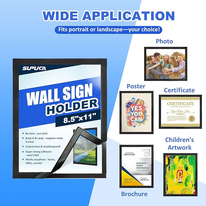 Magnetic Sign Holder & Picture Frame 8.5 x 11 - Self-Adhesive Magnetic Frames with Strong Magnet Border, Clear PVC Document/Poster/Paper Wall Mount Holder for Home Office Store, 50 Pack