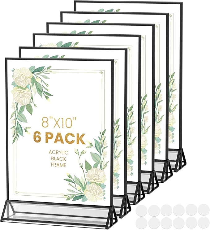 Black Frames 8X10 Acrylic Sign Holder Double-Sided Picture Frames for Menu, Wedding Table Number, Christmas Photos With Round Stickers - 6 Pack