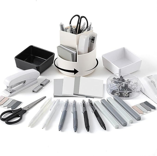 Kosiz 27 Pcs Black White Desk Accessories Aesthetic Desk Organizer Neutral Office Supplies Pen Holder Stapler Binder Sticky Notes Paper Clips Scissor Staples Aesthetic Accessories for Women(Classics)