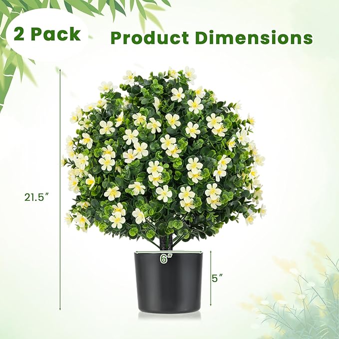 Goplus 21.5'' Artificial Boxwood Topiary Ball Tree, Set of 2 Faux Potted Plants Artificial Shrubs Bushes with White Flowers, Fake Evergreen Artificial Topiary for Indoor Outdoor Home Front Porch Decor