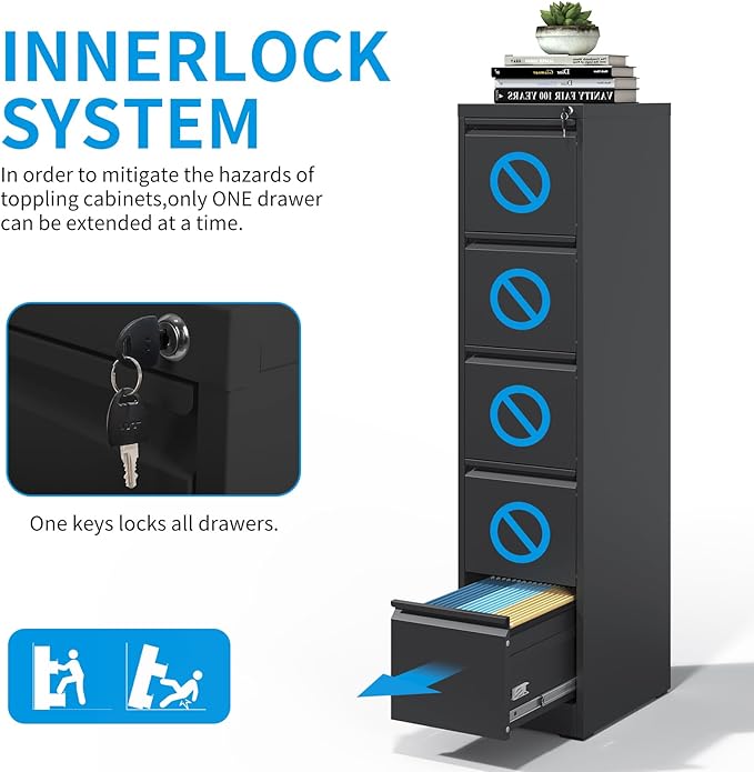 5 Drawer File Cabinet with Lock, Metal Vertical Filing Cabinet for Home Office, 64" Tall Narrow Locking Steel File Cabinets with Drawers, Storage for Legal/Letter/A4/F4, Easy Assemble (Black)