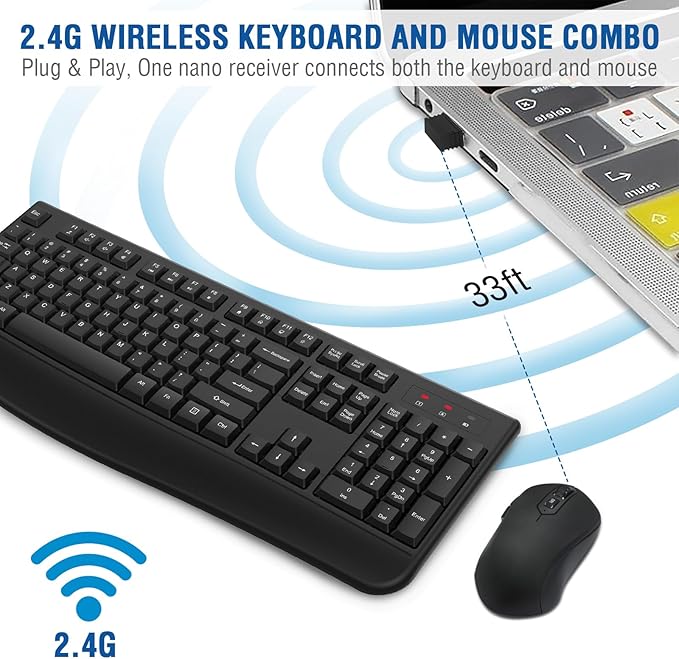 Wireless Keyboard and Mouse Combo, EDJO 2.4G Full-Sized Ergonomic Computer Keyboard with Wrist Rest and 3 Level DPI Adjustable Wireless Mouse for Windows, Mac OS Desktop/Laptop/PC