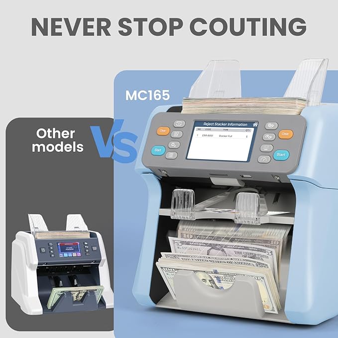 RIBAO MC-165 Two-Pocket Mixed Denomination Money Counter Machine, Value Counting, Blue Bill Counter Multi Currency,2 CIS/UV/MG/IR Counterfeit Detection for Bank, 4.3 inch Large Touch Screen