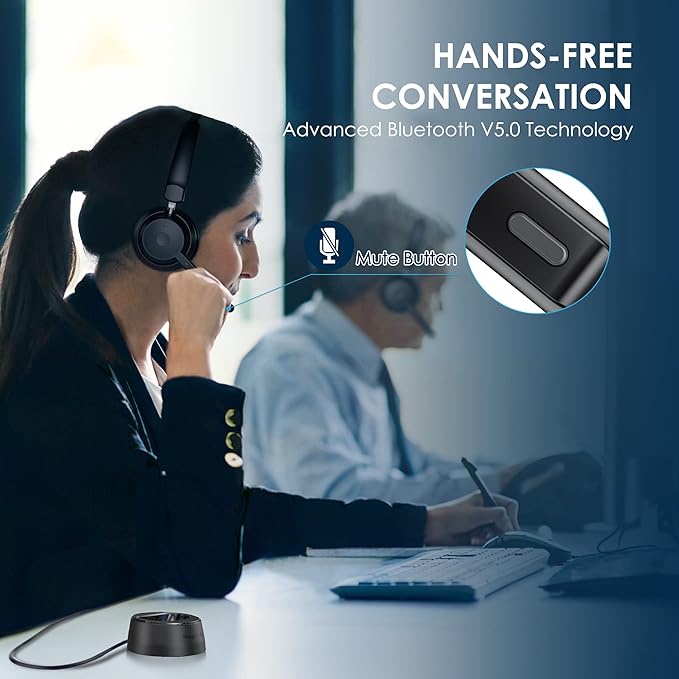 Bluetooth Headset, Wireless Headphone with AI Noise-Canceling Microphone On Ear Wireless Headset with USB Dongle for Computer Office