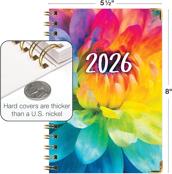 HARDCOVER 2026 Planner, 5.5"x8": 14 Months (November 2025 - December 2026), Daily Weekly Monthly Planner, Yearly Agenda, Bookmark, Pocket Folder and Sticky Note Set (Rainbow Petals)