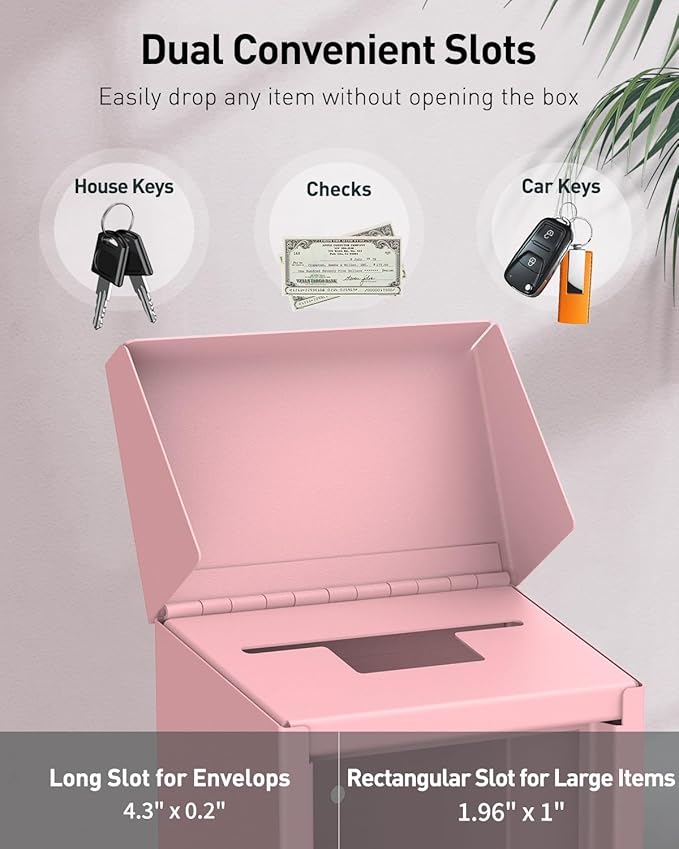 Uniclife Pink Key Drop Box for Outside, Metal Safe Suggestion Box with Key Lock, Collection Boxes Donation Chest, Wall Mounted Mailbox with Top Slot, Steel Cash Drop Chest for Home Office Business