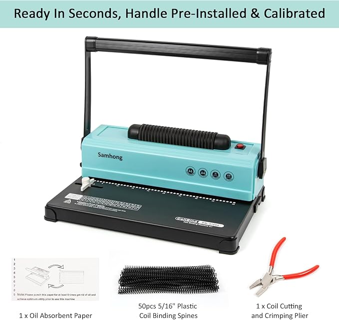SAMHONG Coil Spiral Binding Machine - Manual Hole Punch - Electric Coil Inserter - Adjustable Side Margin - for Letter Size/A4/A5, Comes with 1 Box 5/16'' Plastic Coil Binding Spines & Plier