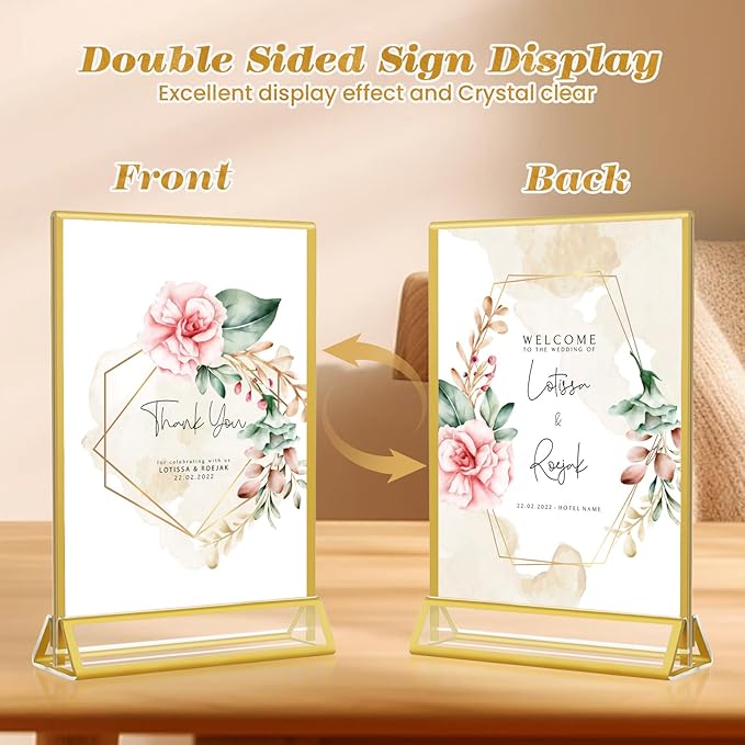 Gold Acrylic Sign Holder 4x6, 16 Pack Wedding Gold Frame Table Number Holders Vertical, Clear Picture Frames Flyer Stands Tables Menu Holder, Double Photo Paper Display Holder for Party, Home, Office