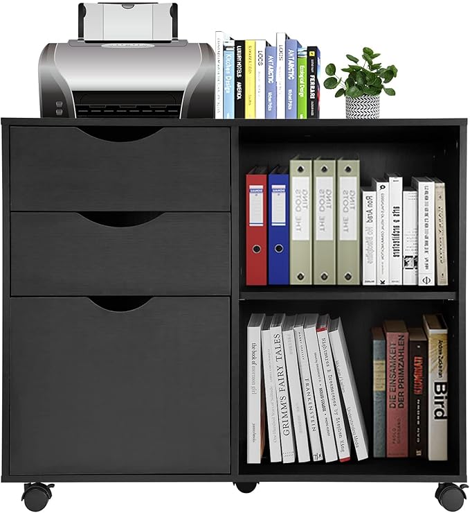 QDSSDECO 3-Drawer with Shelf Wood File Cabinet Mobile Lateral Filing Cabinet, with Rolling Wheel Printer Stand and Open Adjustable Storage Shelves, for Home Office, Black
