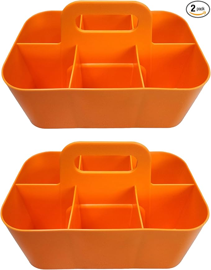 2 Pack Small 6 Compartment Multiuse Caddy Organizer with Handle Art Craft Supplies, Office, Desk, Stationery Pen Holder Stackable- Made In USA (Orange)