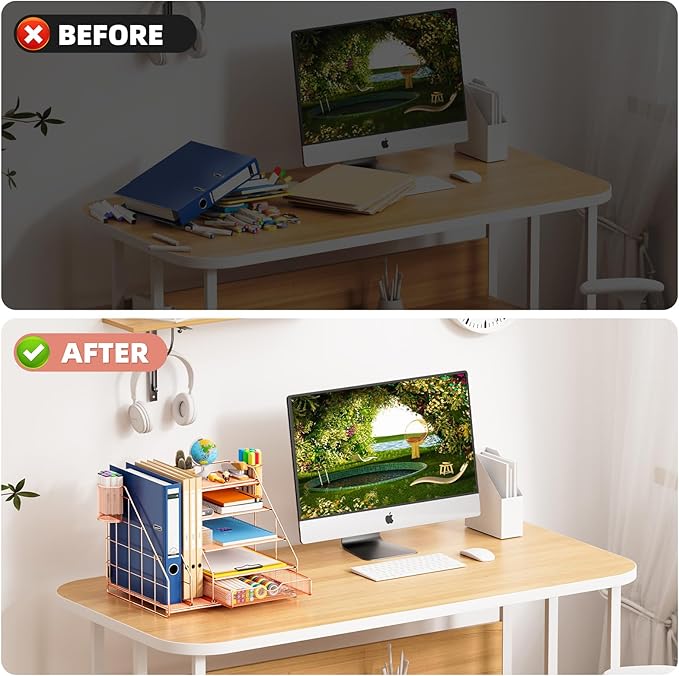 Marbrasse Desk Organizer with File Holder, 5-Tier Desk Organizers and Accessories with Drawer and 2 Pen Holder, Mesh Paper Letter Tray, Desktop Organizer and Storage for Office Supplies (Rose Gold)