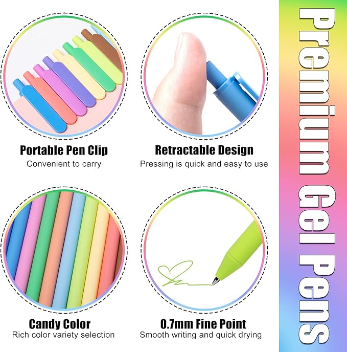 Gel Pens 12 Colors Retractable Quick Dry Ink Pens Fine Point 0.7mm, Smoooth Writing Pens Multicolor for Journaling, Drawing, Doodling, and Note Taking, Multicolor, 12-Count
