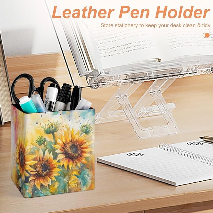 Square Pen Holder & Pencil Organizer for Desk - Office Storage Organizer, Markers/Makeup Brushes/Scissors Holder, Compact Desk Decor Accessories for Home Classroom School(Sunflower)