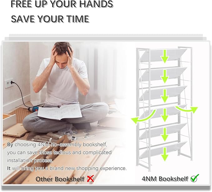 4NM No Assembly Folding Bookshelf, 6-Shelf 74" H Collapsible Foldable Bookcase Storage for Small Spaces, All White