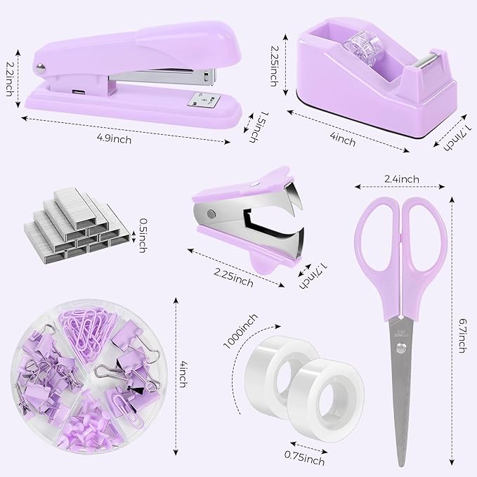 SKYDUE Purple Desk Accessories, Purple Office Supplies Set, Stapler, Tape Dispenser, Scissors, Binder/Paper Clips and 1000pcs Staples,Office Supplies for Women