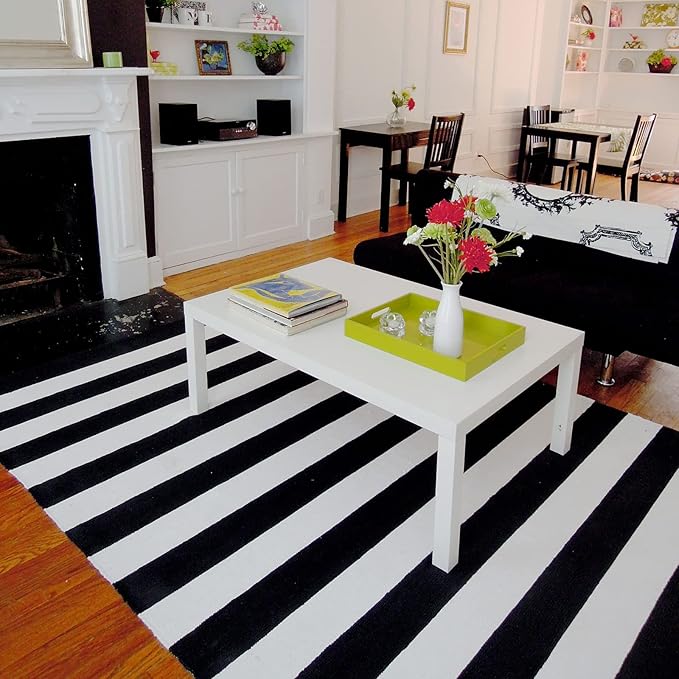 CAINANEL Black and White Area Rug 5' x 7' Indoor Outdoor Rug Hand Woven Farmhouse Striped Rug Outdoor Reversible Mat for Front Porch/Dining Room/Bedroom/Kitchen/Living Room Rug