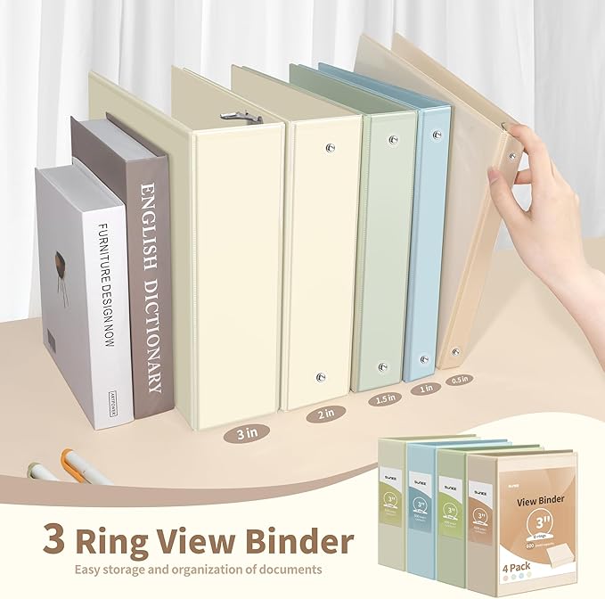 SUNEE 3 Ring Binder 3 Inch 4 Pack, Clear View Binder Three Ring PVC-Free (Fit 8.5x11 Inches) for School or Office Supplies, Neutral Aesthetic
