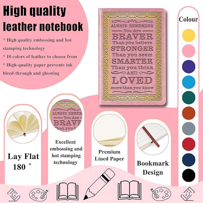 Pink A5 Lined Leather Journal Notebook,Inspirational Leather Journal Notebook for Men Women,200 Pages 100 Gsm Thick Ruled Paper Daily Diary for School,Travel,Business,Work (Pink)