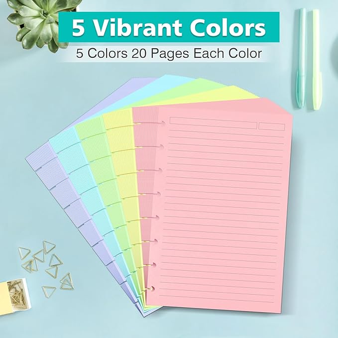 Junior Size 8 Discs 120gsm Discbound Refill Paper, Discbound 5 Colorful Line Papers, Disc Paper Refill, Loose-Leaf Papers, Disc Planner Inserts