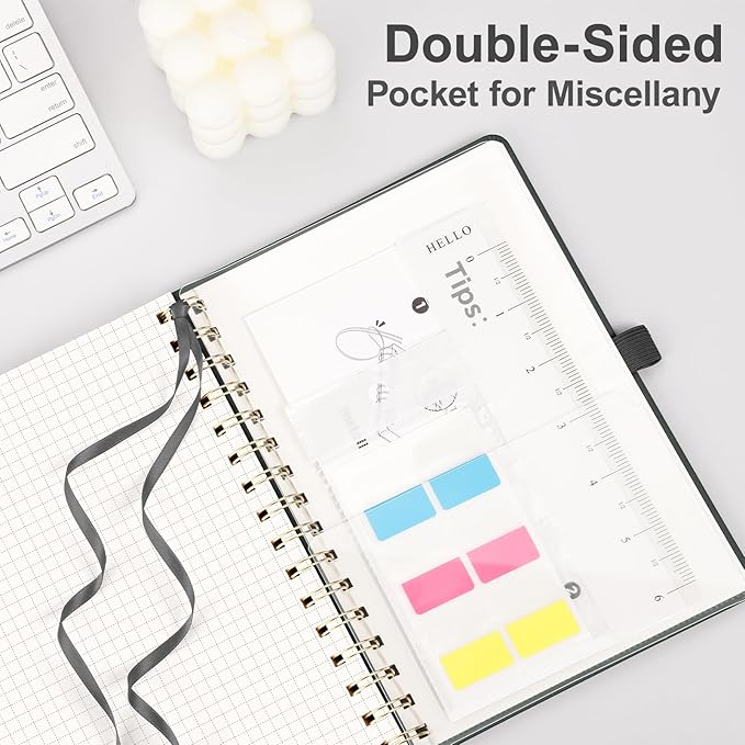 AHGXG Graph Paper Notebook - Spiral Notebook Hardcover Leather Journal 140 Pages, A5 Grid Paper Notebook 5.7" x 8.3", 100 gsm Thick Paper, for School Writing Graphing Engineering, Black