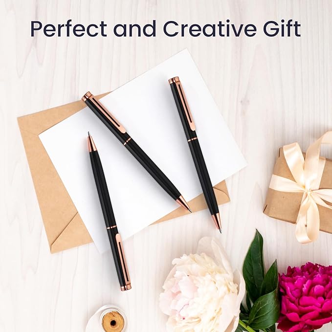 Cambond Ballpoint Pens Black Pen - Bulk Metal Pen Black Ink 1.0 mm Medium Point Rose Gold Pens for Men Women Police Uniform Office Business, 3 Pens with 6 Refills (Black)