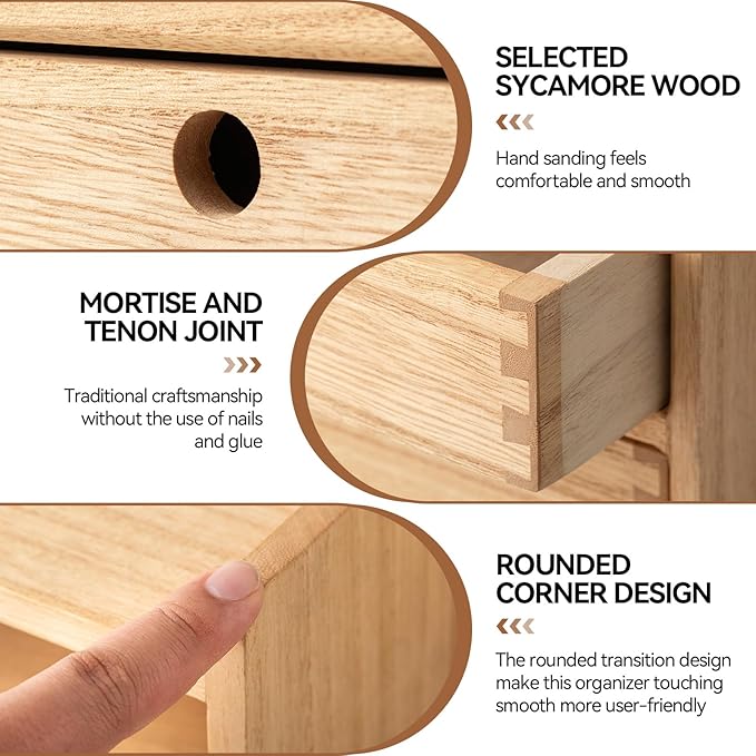 KIRIGEN Desktop Organizer with 2 Drawers and Tray - Wood Office Desk Storage Shelf for Office Supplies - Small Cabinet for Countertop Accessories Storage 3 Layer Natural（DT3D2C-NA）