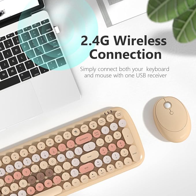 Wireless Keyboard and Mouse Combo, MOWUX - Modern Compact Layout, Colorful Compact Candy Mouse and Retro Round Keyboard Set with Cover, for PC/Laptop/Windows/Mac - Milk-Tea Colorful
