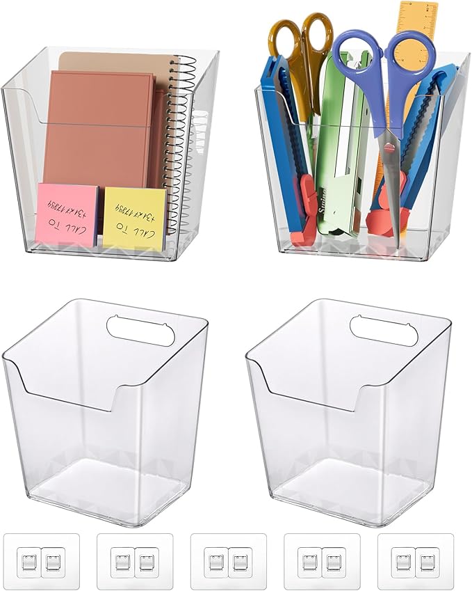 Clear Adhesive Wall Storage Bins, M Size 4 Pack Cabinet Door Organizer Holders, Hanging Wall Mount Pockets, Plastic Cups for Shower Bathroom Makeup Office Craft Remote Kitchen Sink RV Organization