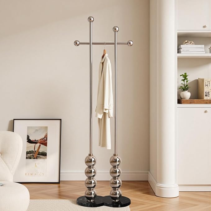 Metal Freestanding Coat Rack with Stainless Steel Double Rods & Marble Base, Hanging Clothes Rack for Entryway, Hallway, Bedroom, Living Room, Sliver