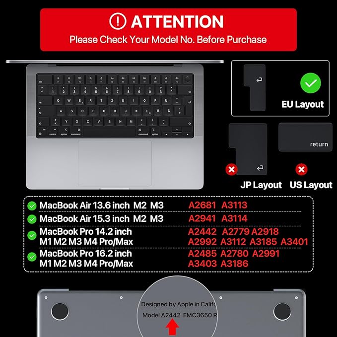 Compatible with MacBook EU/UK Layout Keyboard Cover, Premium Ultra Thin Protector for 2025-2021 M4/M3/M2/M1 Pro/Max MacBook Pro 14/16, M4/M3/M2 MacBook Air 13/15