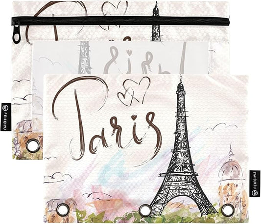 ZAZYXTJ Eiffel Tower Binder Pencil Pouchs 3 Ring with Zipper Clear Window Office Organizers bag for School Students Teacher Supplies 2 Pack