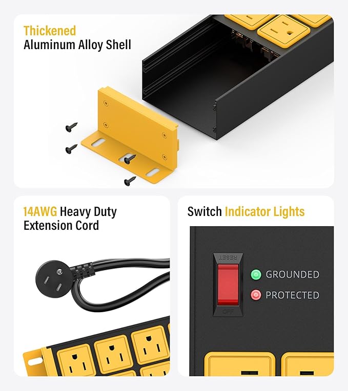 HHSOET 2 Pack Heavy Duty Power Strip 8 Outlets, Metal Wall Mount Outlet Strip 4800J Surge Protector, Garage Shop Under Desk Mountable 10FT Extension Cord Plug.