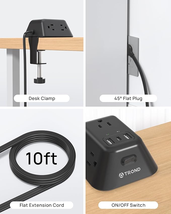 Desk Clamp Power Strip, Surge Protector with 5 AC Outlets and 3 USB Ports, Desk Mount Charging Station, Fit 1.97in Tabletop Edge Thick, 10FT Extension Cord, for Home Office Gaming Accessories