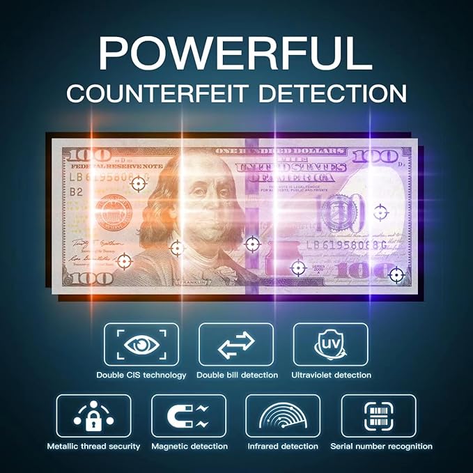 NUCOUN VS-75 Bill Counter Machine Mixed Denomination,Money Counter Machine with Reject Pocket,Counterfeit Detection 2 CIS/UV/MG/IR,Multi Currency Bill Sorter,Value Count,Serial Number Read,Print&Sort