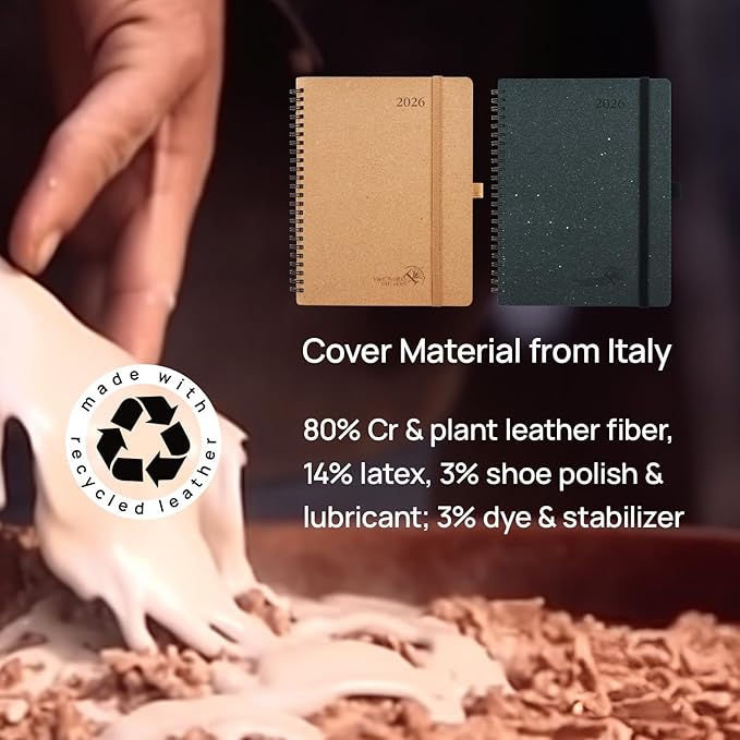 POPRUN 2026 Planner - 2026 Recycled Weekly Planner [Italian Regenrated Leather - Medium Size 6.5'' x 8.5''] - 2026 Weekly Planner with Hourly Schedule, Monthly Tabs-26-WERO7-BGY - Black Grey